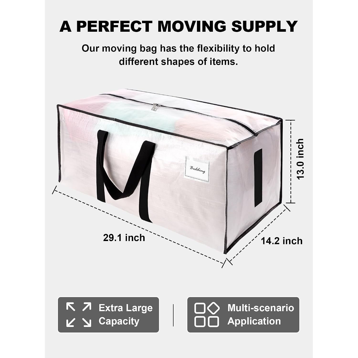 Supports 200Lbs Heavy Duty Moving Bags - Strong Zipper & Wrap-Around Handles - Water-Resistant Storage Totes, Durable Alternative To Moving Boxes - 8 Pack - Semi-Transparent