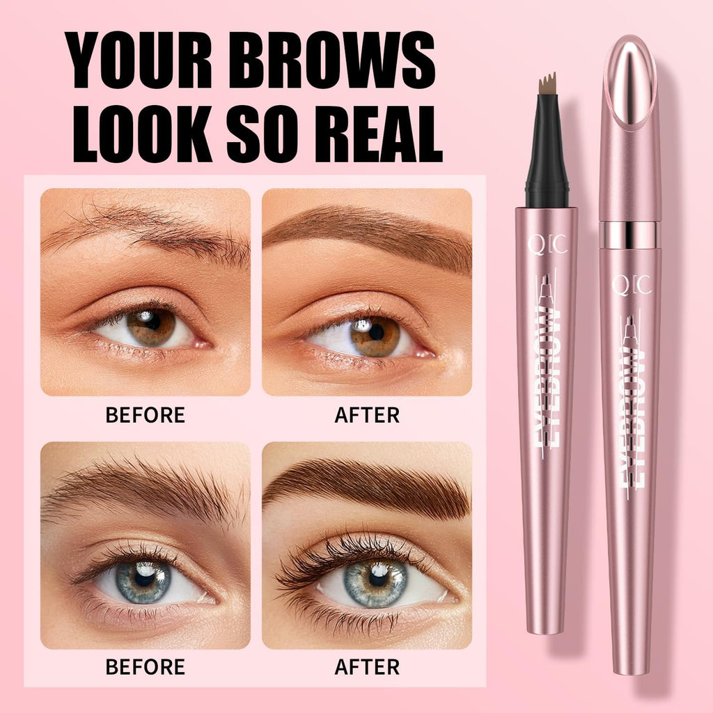 Qic 4-Tip Microblading Eyebrow Pen, Waterproof Brow Marker For Natural Hair-Like Strokes, Quick-Dry Smudge-Resistant, Light Brown