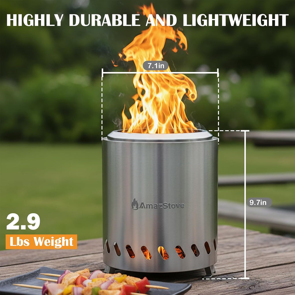 9.7 X 7.1 Inch Tabletop Fire Pit By Amazstove, Low Smoke Camping Stove For Outdoor Safe Burning Firepits, Fueled Pellets Or Wood, Travel Bag Included (Silver, 9.7 X 7.1 Inch)