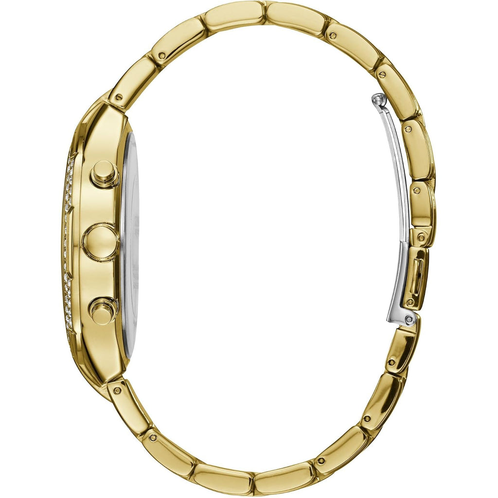 Guess Women'S Gold-Tone Stainless Steel Crystal Embellished Bracelet Watch With Day, Date + 24 Hour Military/Int'L Time. Color: Gold-Tone (Model: U0628L2)