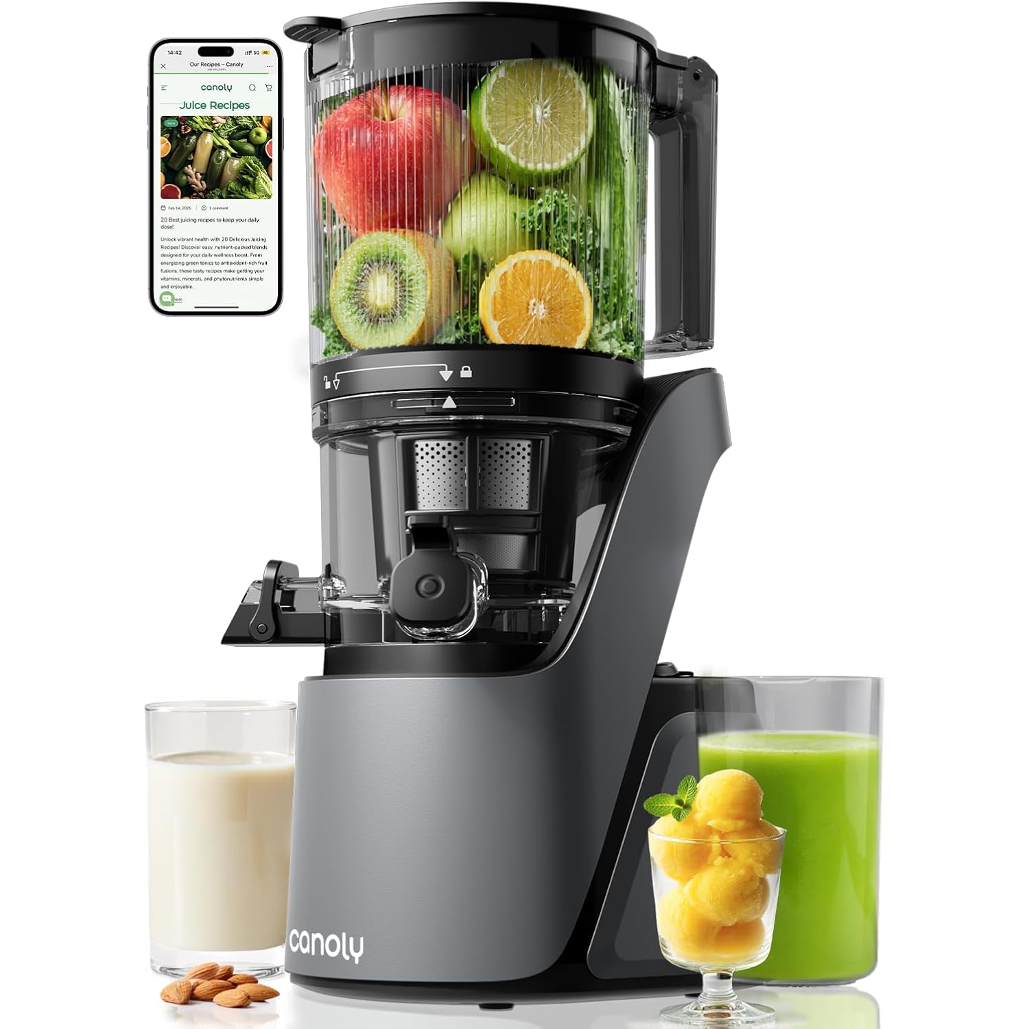 Canoly C16 Cold Press Juicer, 6" Extra Wide Feed Chute, 3-IN-1 Strainers (Juice & Sorbet & Nut Milk), Powerful AC Brushless Motor, Self Precut System, Juicer Machines with BPA-Free (Space Gray)