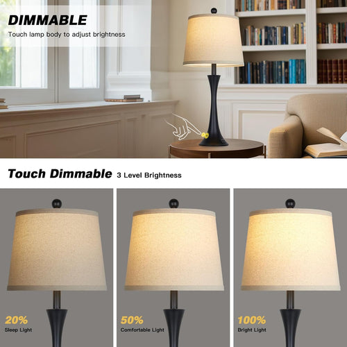 27.5" Table Lamps Set Of 2, Touch Bedside Lamps With Usb C+A Ports, 3 Way Dimmable Nightstand Lamps For Bedroom, Living Room, Office, Black Lamp With Beige Lampshade, Bulbs Included