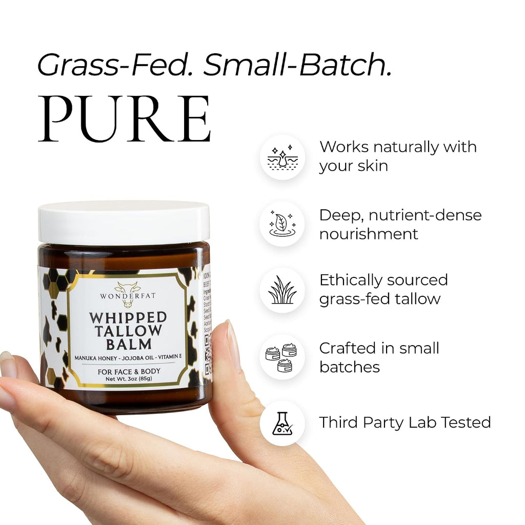 Organic Beef Tallow For Skin – 3Oz Grass Fed Whipped Beef Tallow For Face With Manuka Honey, Mango Butter & Jojoba Oil, Tallow And Honey Balm For Face, Body Moisturizer