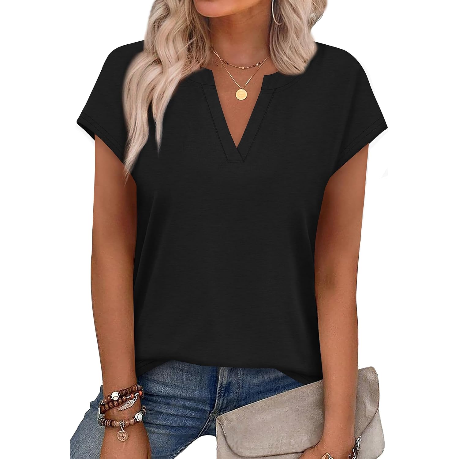 Wiholl Womens Summer Tops V Neck T Shirts Cap Sleeve Business Casual Outfits Loose Fit Beach Vacation Clothes Basic Tees
