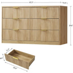 Fluted 6 Drawer Dresser For Bedroom, Wide Modern Chest Of Drawers With Metal Handle, Curved Profile Design, Wood Closet Clothes Storage Organizer For Bedroom, Hallway, Natural