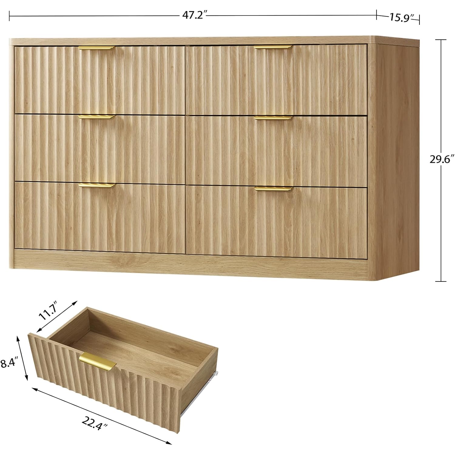 Fluted 6 Drawer Dresser For Bedroom, Wide Modern Chest Of Drawers With Metal Handle, Curved Profile Design, Wood Closet Clothes Storage Organizer For Bedroom, Hallway, Natural