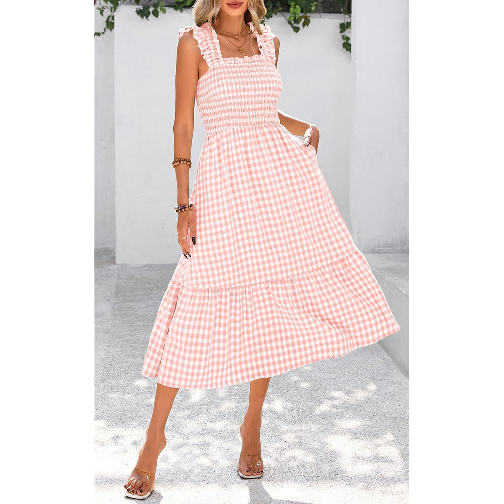 Prettygarden Womens Summer Dress Casual Square Neck Ruffle Strap Gingham Smocked Midi Flowy A Line Beach Vacation Sun Dresses