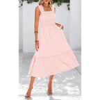 Prettygarden Womens Summer Dress Casual Square Neck Ruffle Strap Gingham Smocked Midi Flowy A Line Beach Vacation Sun Dresses