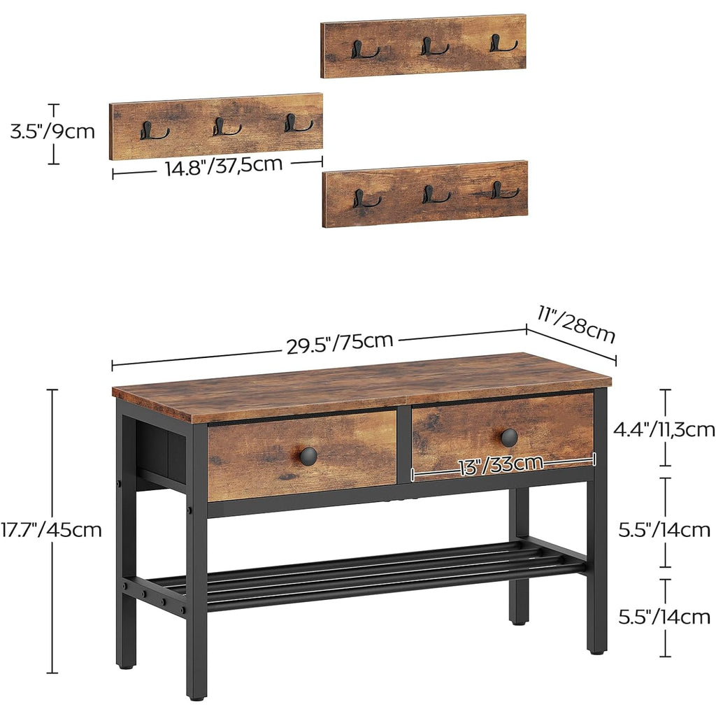 YATINEY Hall Tree with Bench and Shoe Storage, Entryway Bench with Coat Rack, 4-in-1 Coat Rack Shoe Bench, Multifunctional, for Front Door, Hallway, Foyer, Rustic Brown and Black MT05BR