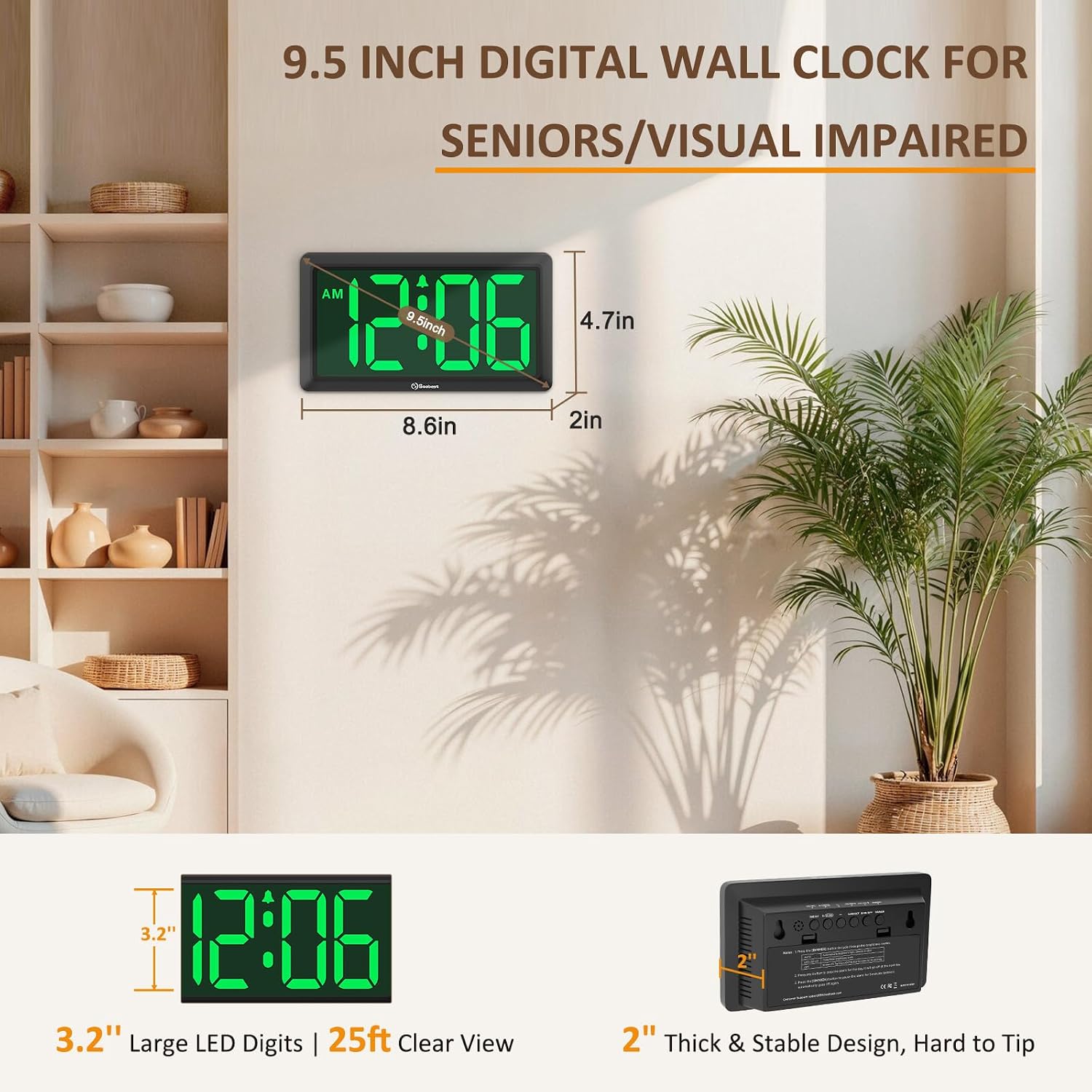 9.5 Inch Large Led Digital Wall Clock Battery Operated, Auto & Manual Dimmer Display, Easy To Read 3.2'' Big Digit With Alarm For Seniors, Modern Decor For Living Room, Bedroom, Office (Green)