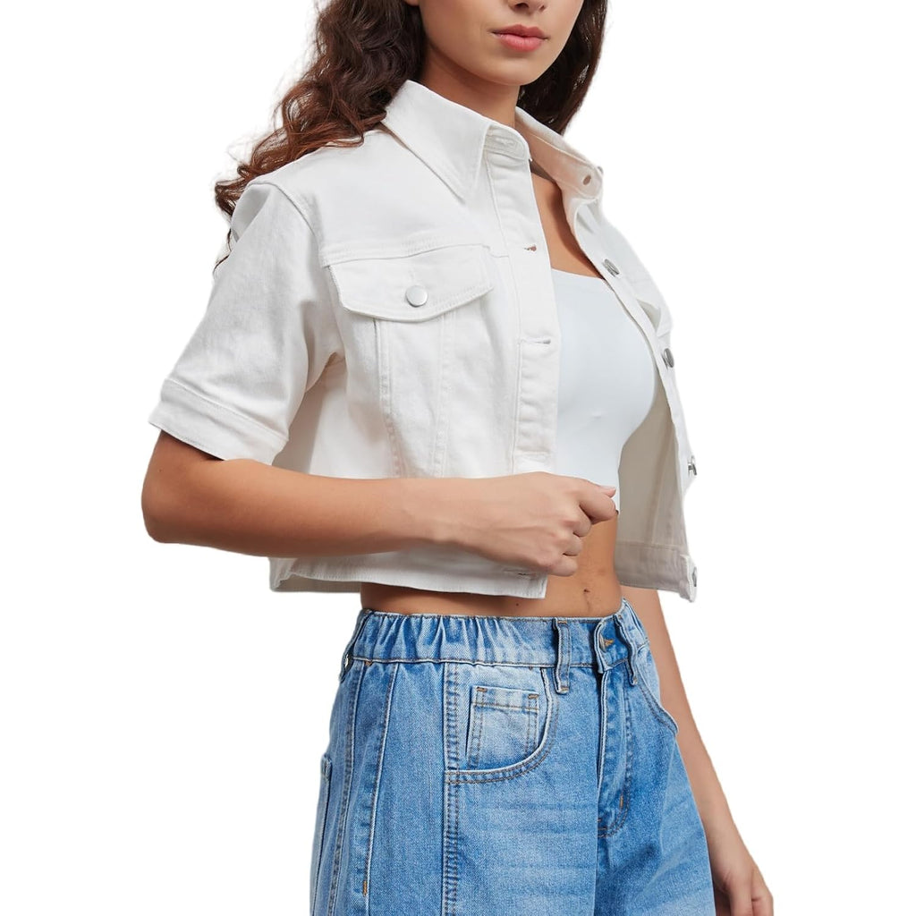 Women Cropped Denim Jacket Short Sleeves Button Down Jean Jackets Trucker Coats