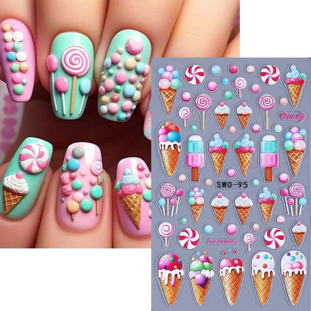 Summer Nail Art Stickers 5D Embossed Ice Cream Cone Nail Stickers 3D Self-Adhesive Lollipop Nail Decals Gold Butterfly Nail Designs Fruit Flower Nail Art Decoration for Women Girls Manicure 3 Sheets