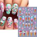 Summer Nail Art Stickers 5D Embossed Ice Cream Cone Nail Stickers 3D Self-Adhesive Lollipop Nail Decals Gold Butterfly Nail Designs Fruit Flower Nail Art Decoration for Women Girls Manicure 3 Sheets