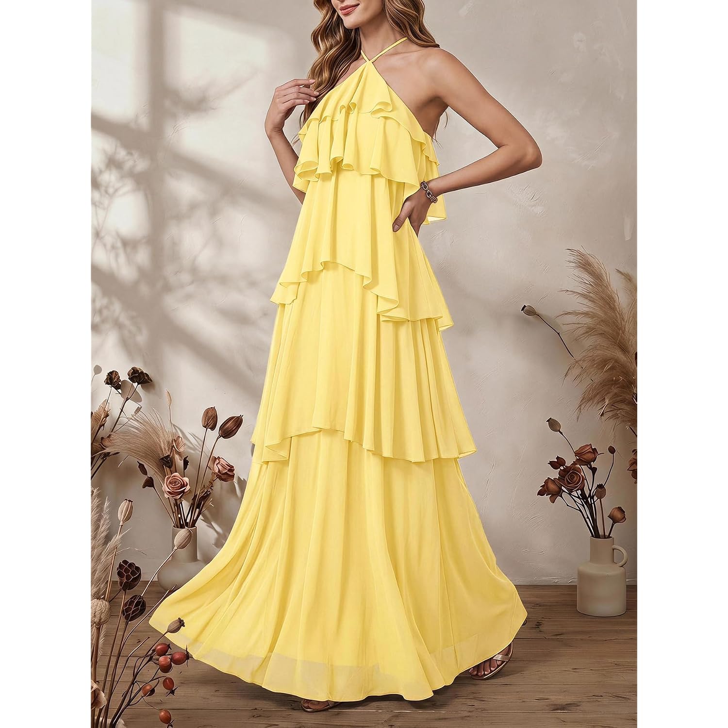 Soly Hux Women'S Wedding Guest Dress Sundresses Ruffle Layered Halter Backless Flowy Formal Maxi Dresses