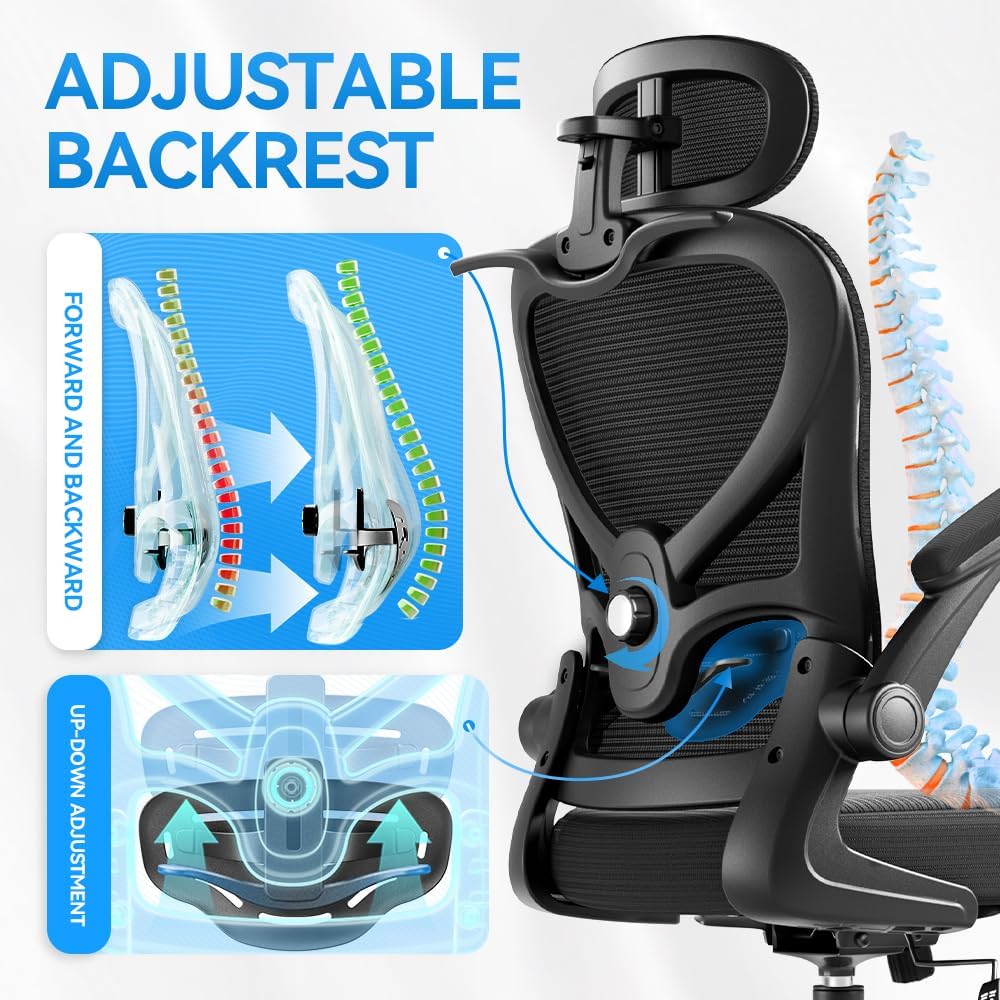 Ergonomic Office Chair With Headrest 3D, Mesh Office Desk Chair With Adjustable Lumbar Support, Computer Chair With Flip Up Armrests, 350Lbs Capacity - Design For Home/Offices - Black