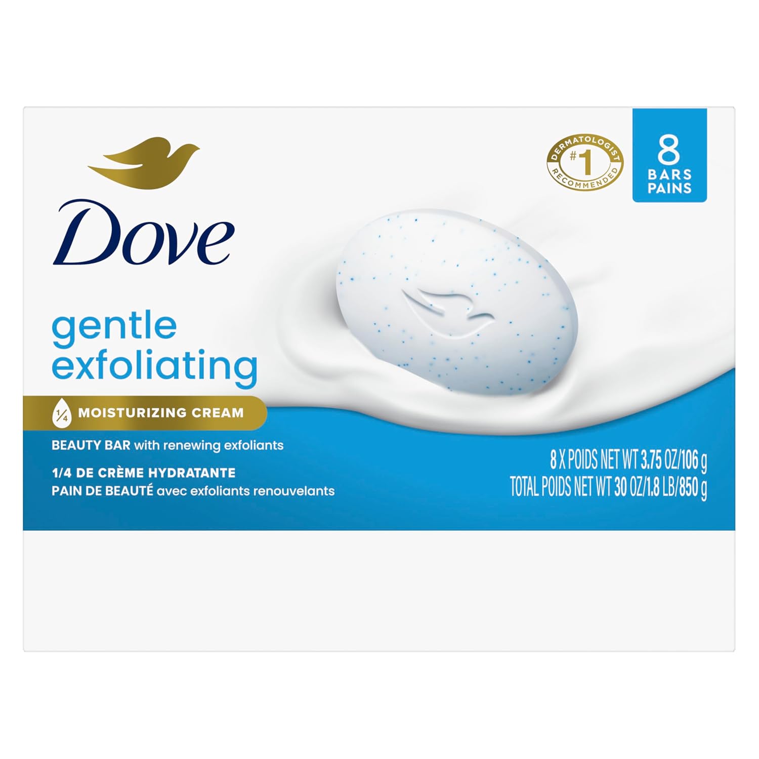 Dove Gentle Exfoliating Beauty Bar Soap 8 Count, Renewing Cleanser, 3.75 Oz I Beauty Bar With Gentle Exfoliants And Moisturizing Cream To Renew Skin And Reveal Softer, Smoother Skin