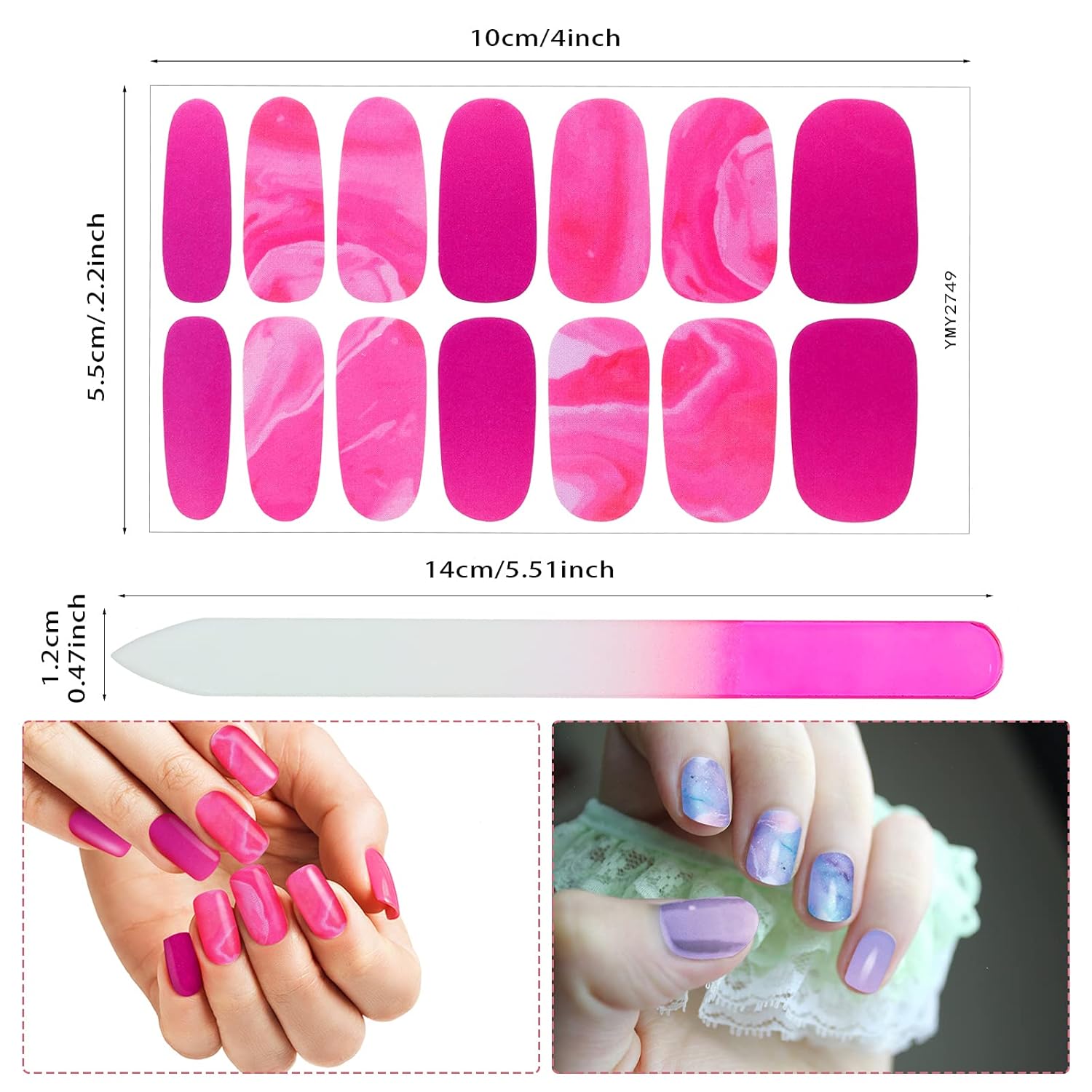 Maitys 168 Pcs 12 Sheets Full Wrap Nail Stickers Polish Strips Gradient Stickers Glitter Self Adhesive DIY Gel Nail Strips Decals with 1 Pcs Fingernail Files for Holiday Decor(Lovely Style)