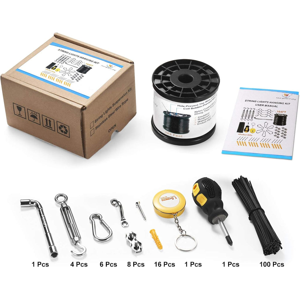 String Light Hanging Kit,Guide Wire For Outdoor String Lights, Shade Sail Hardware Kit,With 164 Ft Nylon Coated Stainless Steel 304 Wire Rope