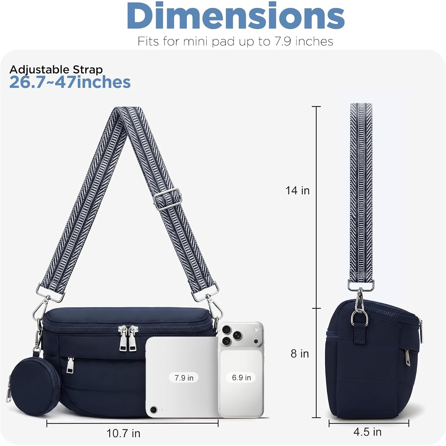 Crossbody Bag For Women, Lightweight Puffer Bum Bag With Rfid Blocking Pocket & Removable Coin Pouch, Hands-Free Travel Shoulder Bag For Everyday Vintage Blue