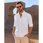 Demeanor Mens Linen Textured Shirt Long Sleeve Casual Cotton Solid Regular Fit Wedding Summer Beach Button Down Shirt