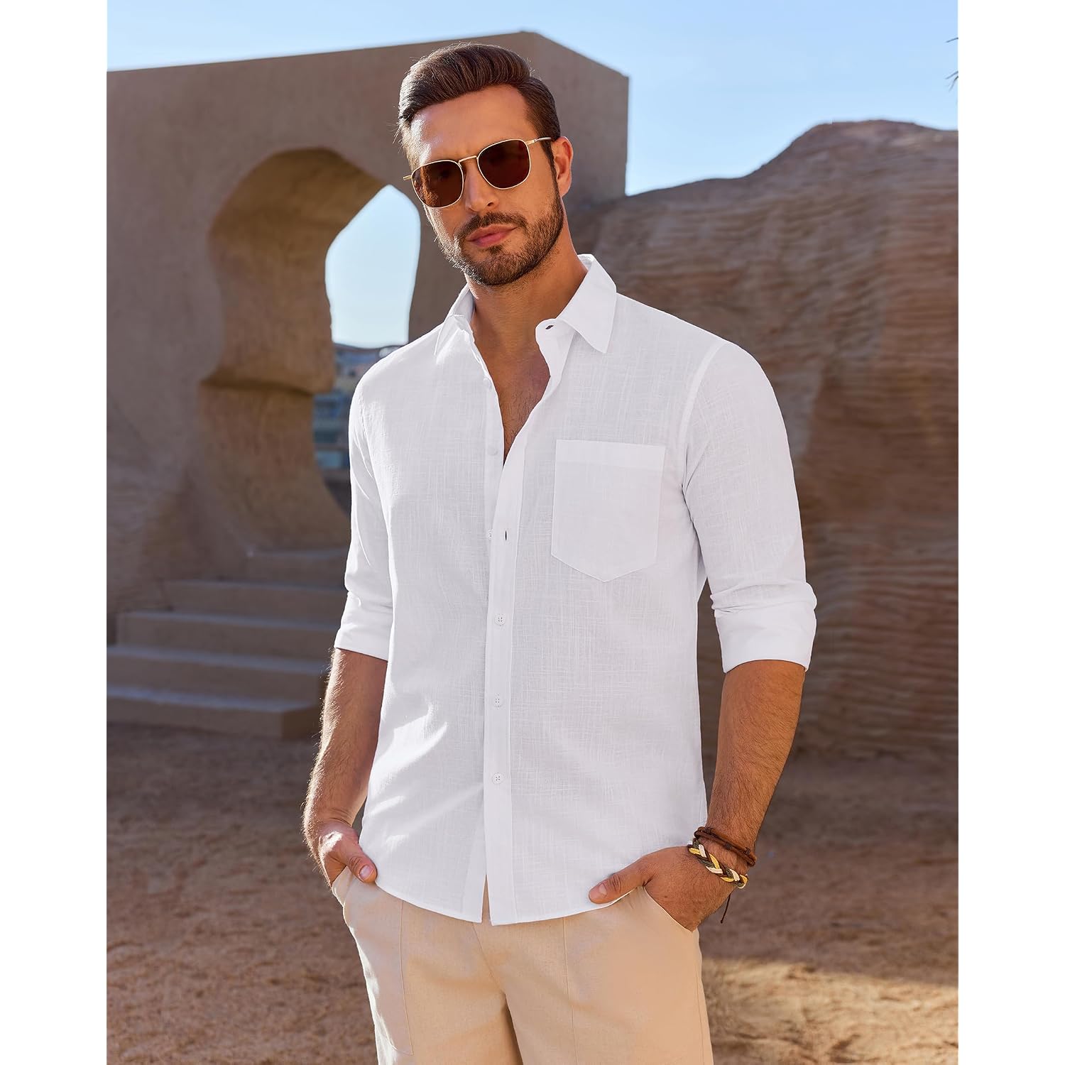 Demeanor Mens Linen Textured Shirt Long Sleeve Casual Cotton Solid Regular Fit Wedding Summer Beach Button Down Shirt