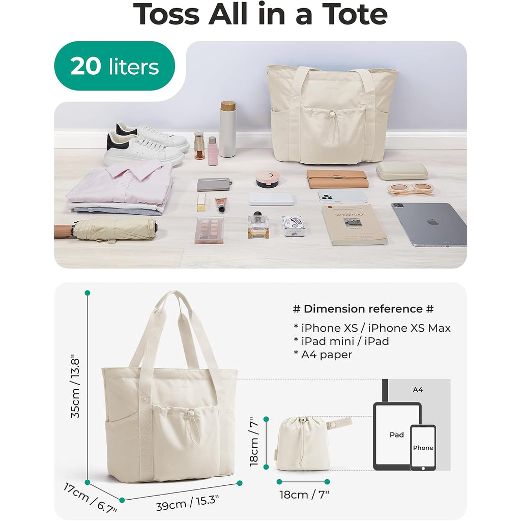 Bagsmart Foldable Tote Bag With Drawstring Bag, Tote Bag Shoulder Bag Top Handle Handbag For Travel, Work, Beach, Gym