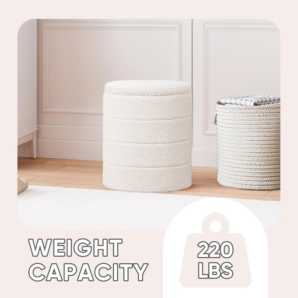 Round Storage Ottoman Foot Rest Stool With Tray Velvet Sherpa Folding Storage Ottoman,Boucle Foot Rest For Living Room, Bedroom, Dorm（White）