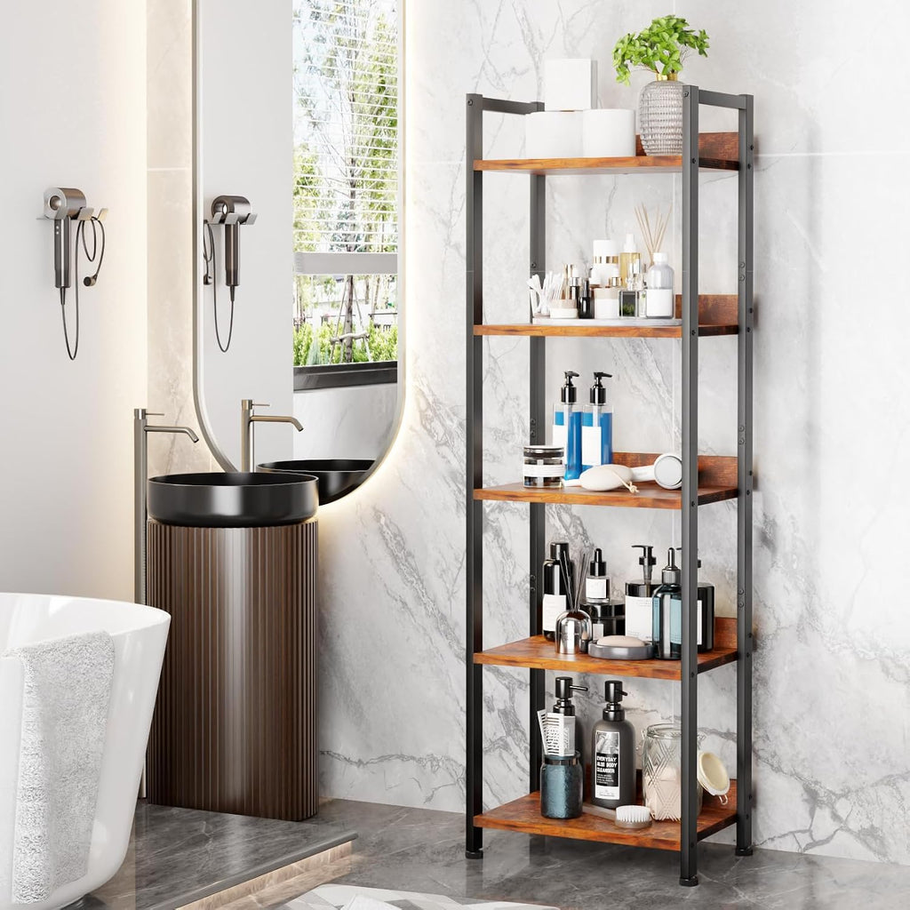 Furologee 5 Tier Bookshelf With Drawer, Tall Narrow Bookcase With Shelves, Wood And Metal Bookshelves Storage Organizer, Industrial Display Standing Shelf Unit For Bedroom, Living Room, Rustic Brown