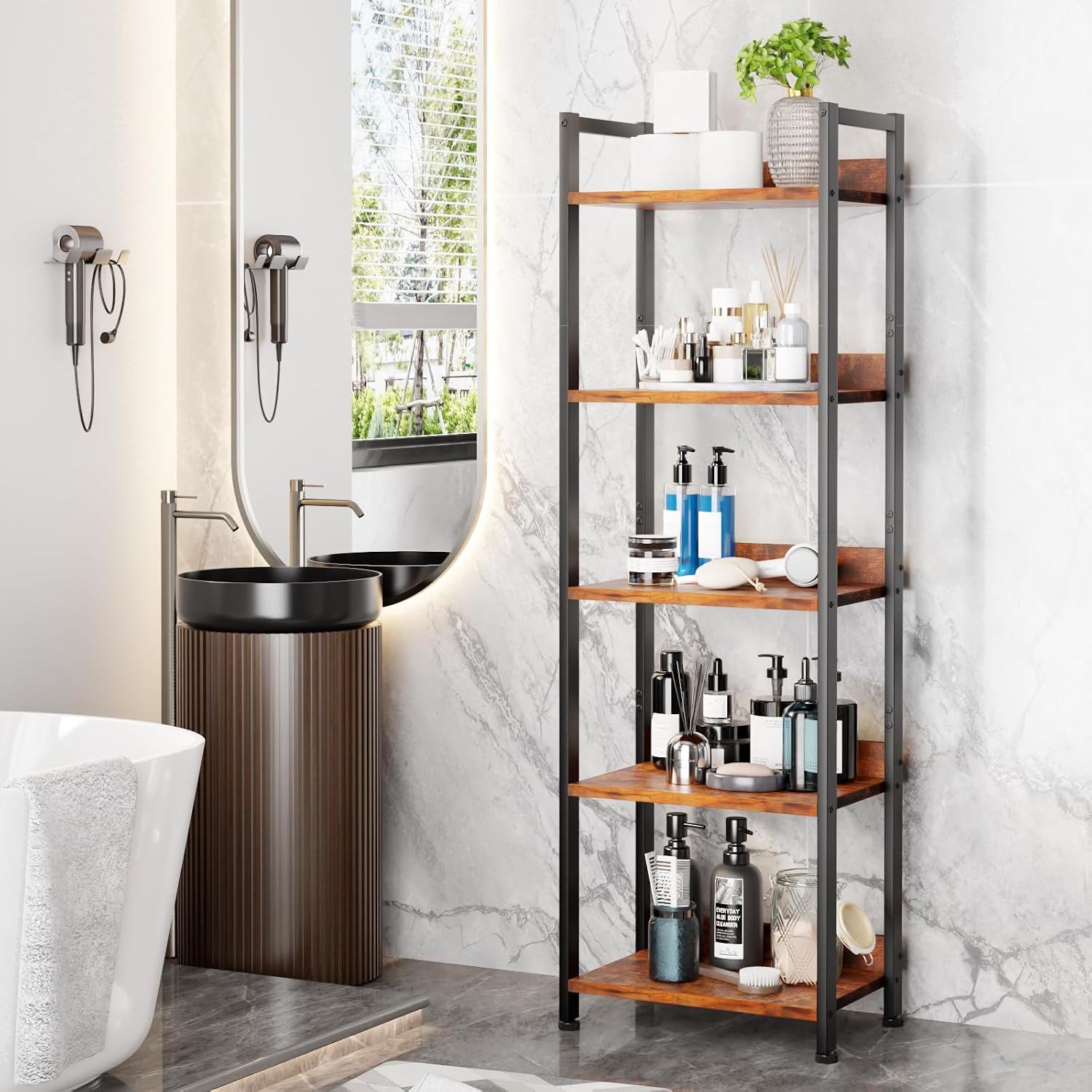 Furologee 5 Tier Bookshelf With Drawer, Tall Narrow Bookcase With Shelves, Wood And Metal Bookshelves Storage Organizer, Industrial Display Standing Shelf Unit For Bedroom, Living Room, Rustic Brown