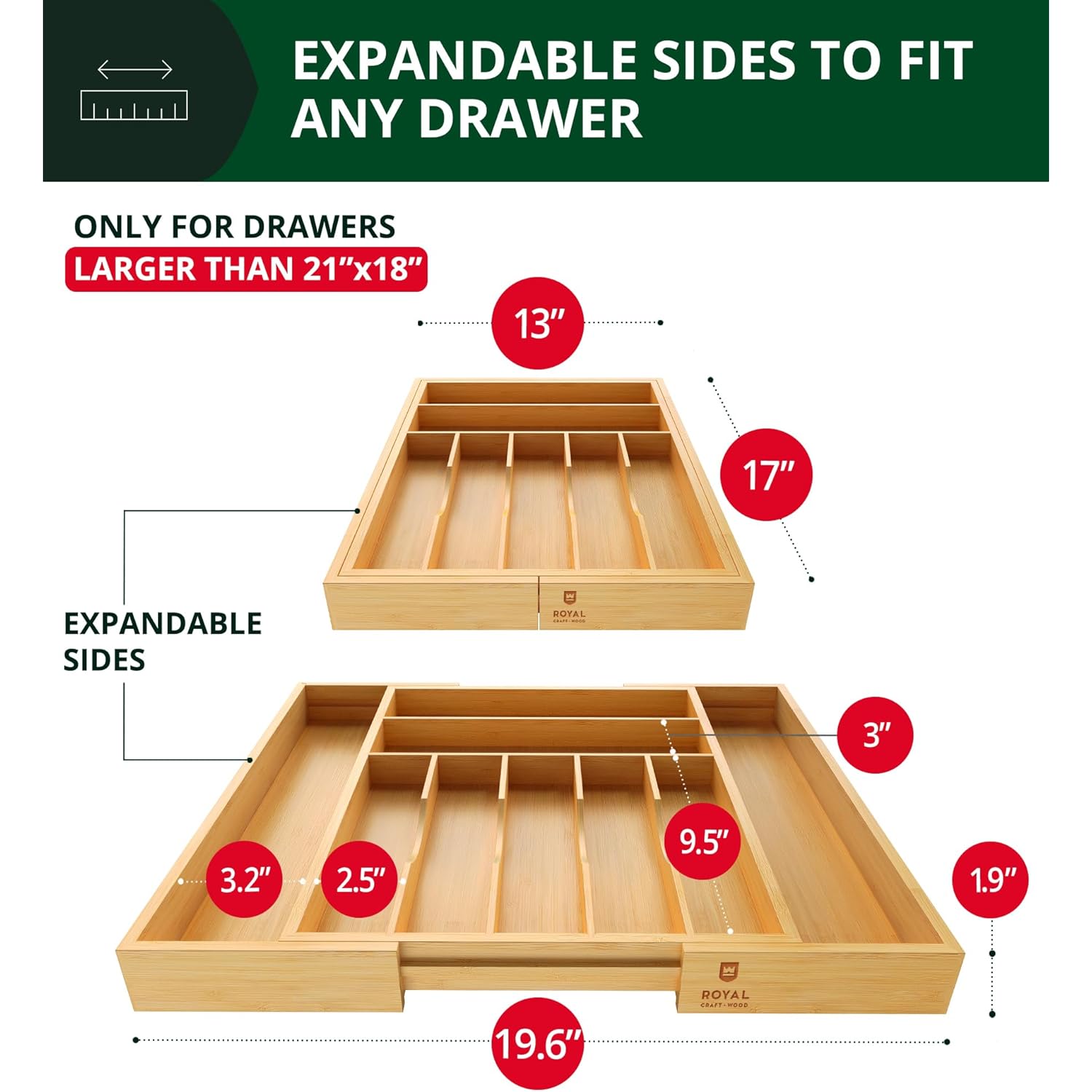 ROYAL CRAFT WOOD Luxury Bamboo Kitchen Drawer Organizer - Silverware Organizer, Utensil Holder & Cutlery Tray Drawer Dividers for Flatware (9 Slot, Natural)