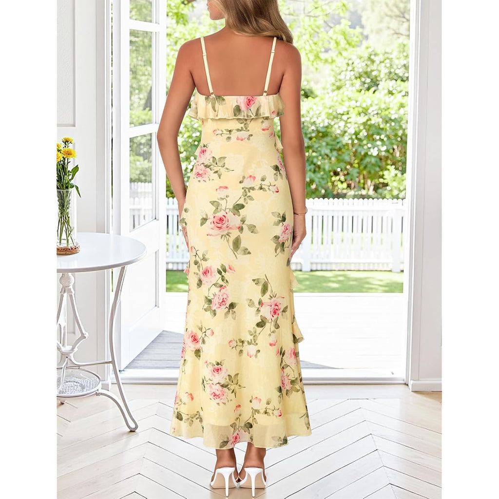Merokeety Summer Floral Wedding Guest Maxi Dress Women 2026 Vacation Formal Bodycon Spaghetti Strap Cocktail Party Long Dress