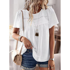 Womens Summer Tops Crewneck Short Sleeve Shirts Casual Chiffon Blouses Flowy Lace Hem Boho Clothing Trendy 2026