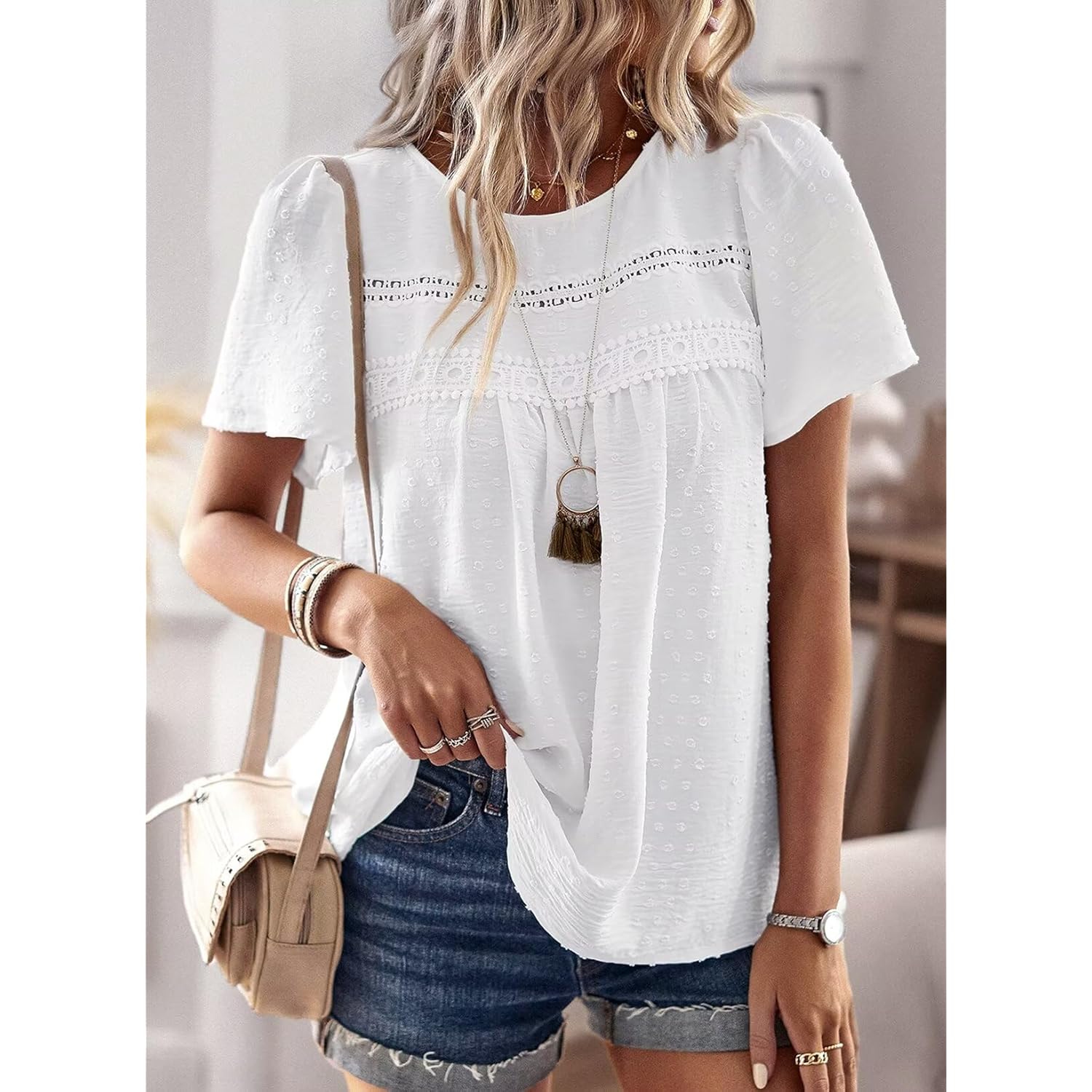 Womens Summer Tops Crewneck Short Sleeve Shirts Casual Chiffon Blouses Flowy Lace Hem Boho Clothing Trendy 2026