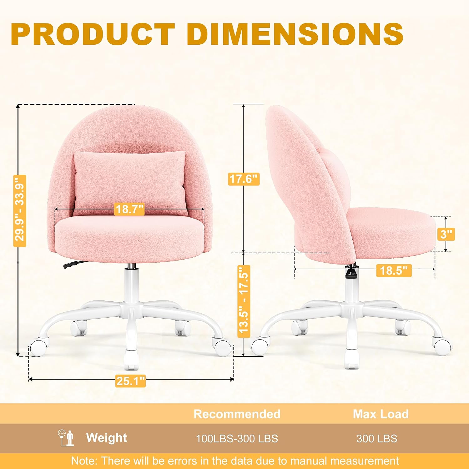 Misolant Vanity Chair With Back, Armless Cute Office Chair With Wheels For Girls, Teddy Fleece Fabric Small Desk Chairs With Adjustable Height, Lumbar Support Pillow, 360°Swivel For Makeup Room, Pink