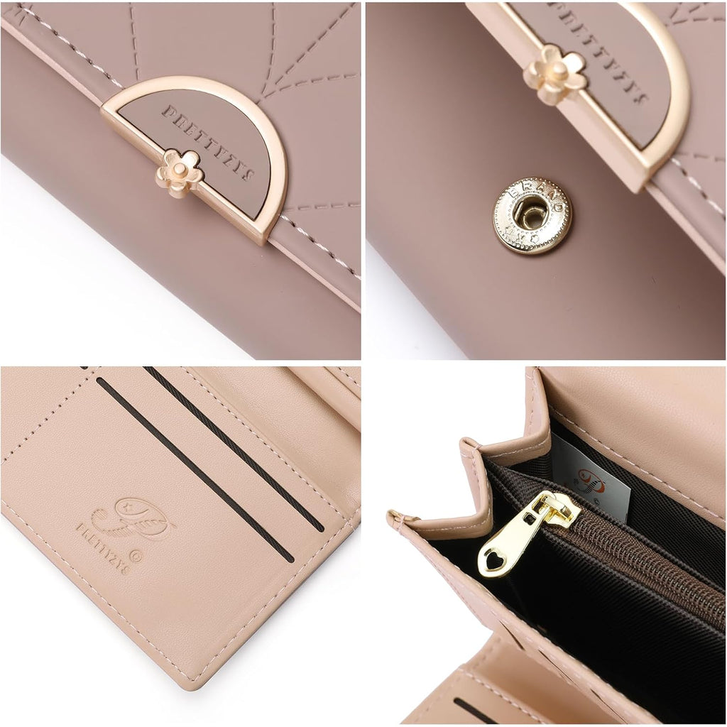 RNIEGA Leather Wallet for Women Trifold Womens' RFID Blocking Wallet Card Holder Purse Clutch with Zipper Coin Pocket,Soybean Sand