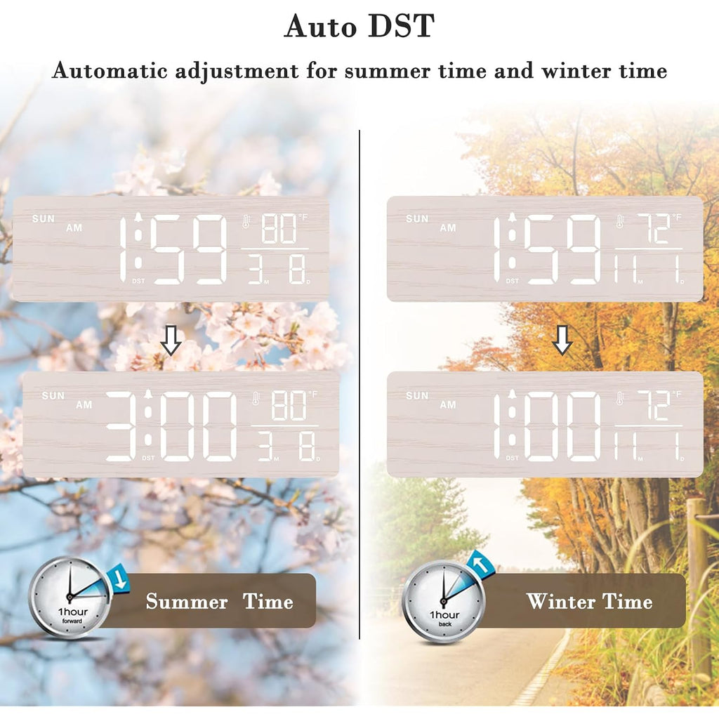 Dreamsky Wooden Digital Alarm Clock With Date & Day Of Week For Bedroom | Large Display Desk Clock For Living Room, Temperature, Dimmer, Adjustable Volume, Auto Dst, Office Wood Décor (Plug-In)