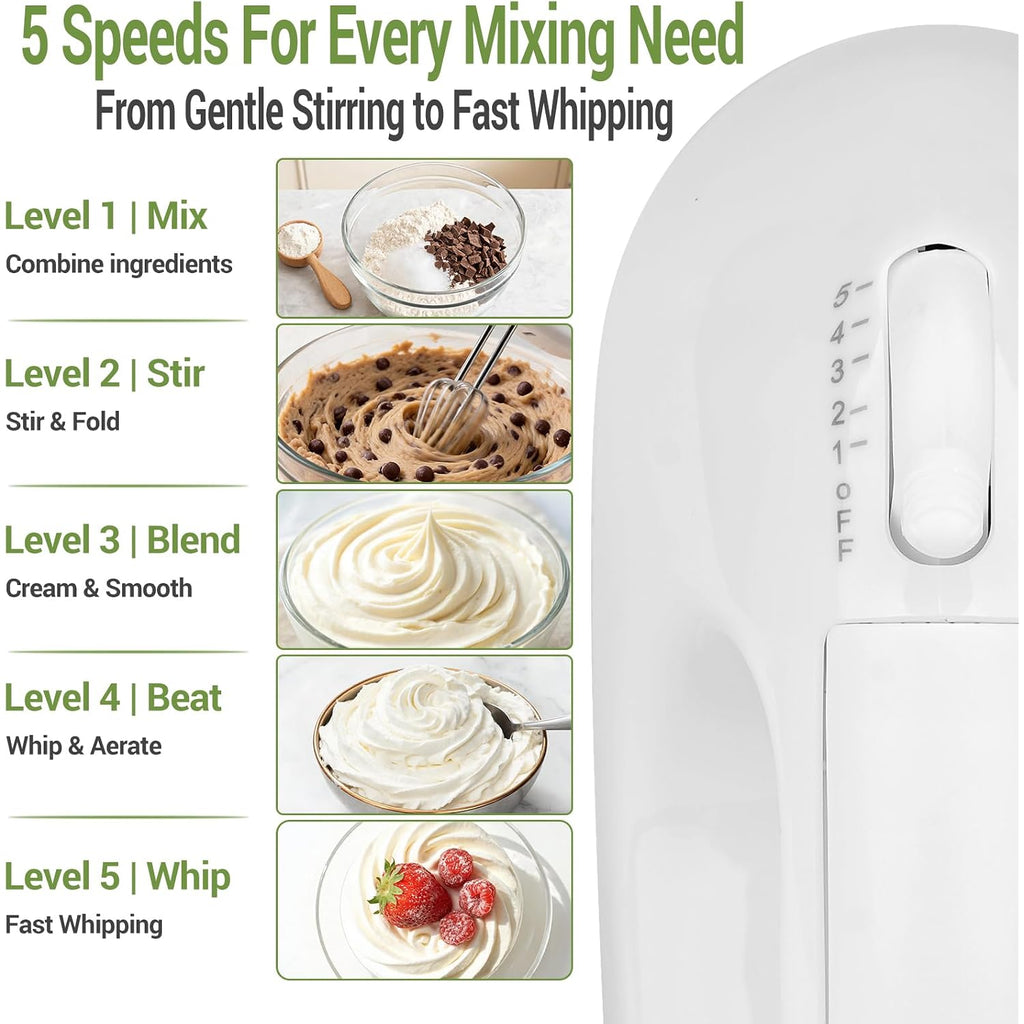 Wepsen 5-Speed Electric Hand Mixer, 4 Large Mixing Bowls Set, Handheld Mixers With Whisks Beater, Stainless Steel Metal Nesting Bowl Measuring Cups Spoons Kitchen Cake Blender For Baking Supplies
