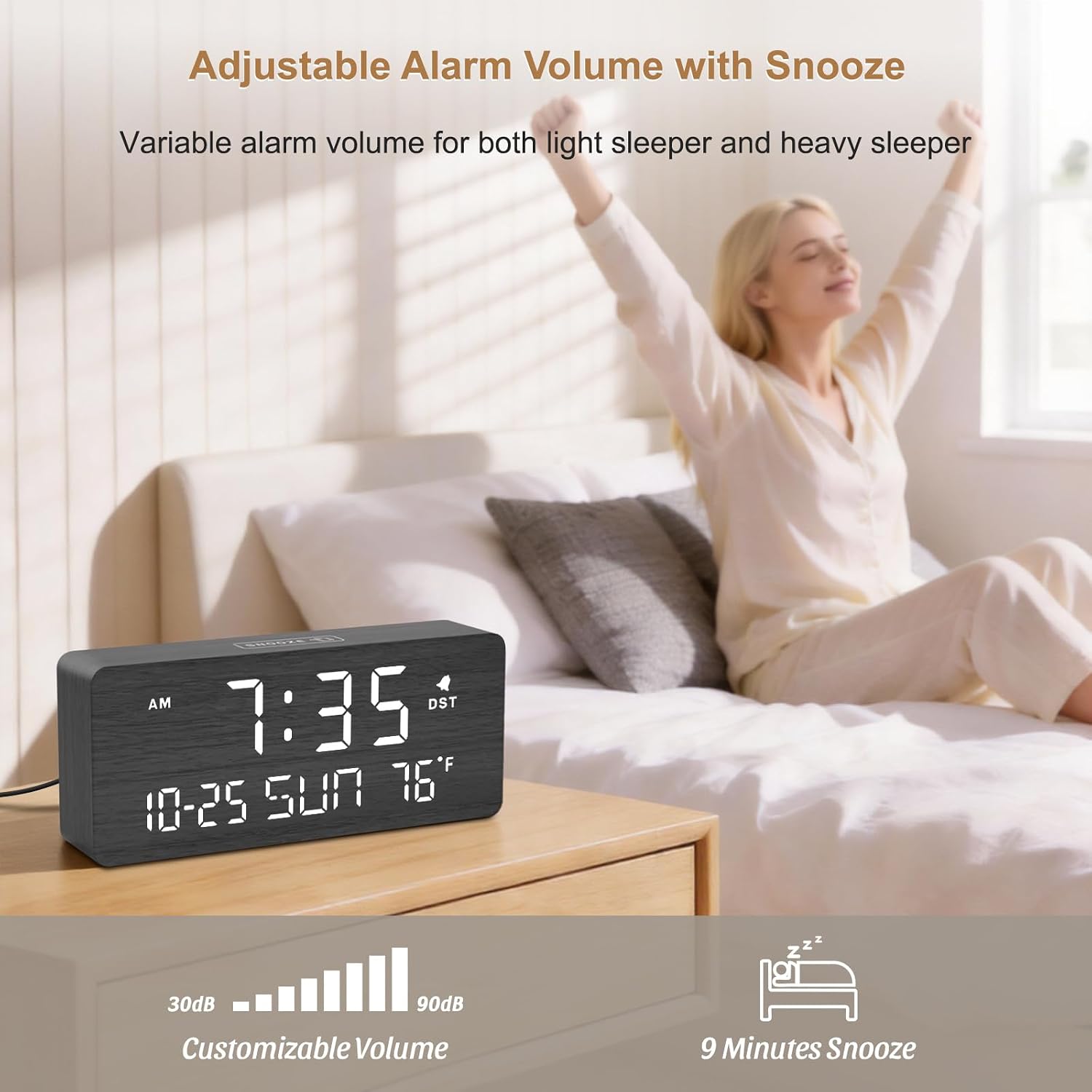 Dreamsky Wooden Digital Alarm Clocks For Bedrooms With Date & Day Of Week | Living Room Desk Clock, Temperature, Usb Port, Dimmer Wheel, Adjustable Volume, Auto Dst, Office Wood Decor (Plug-In)