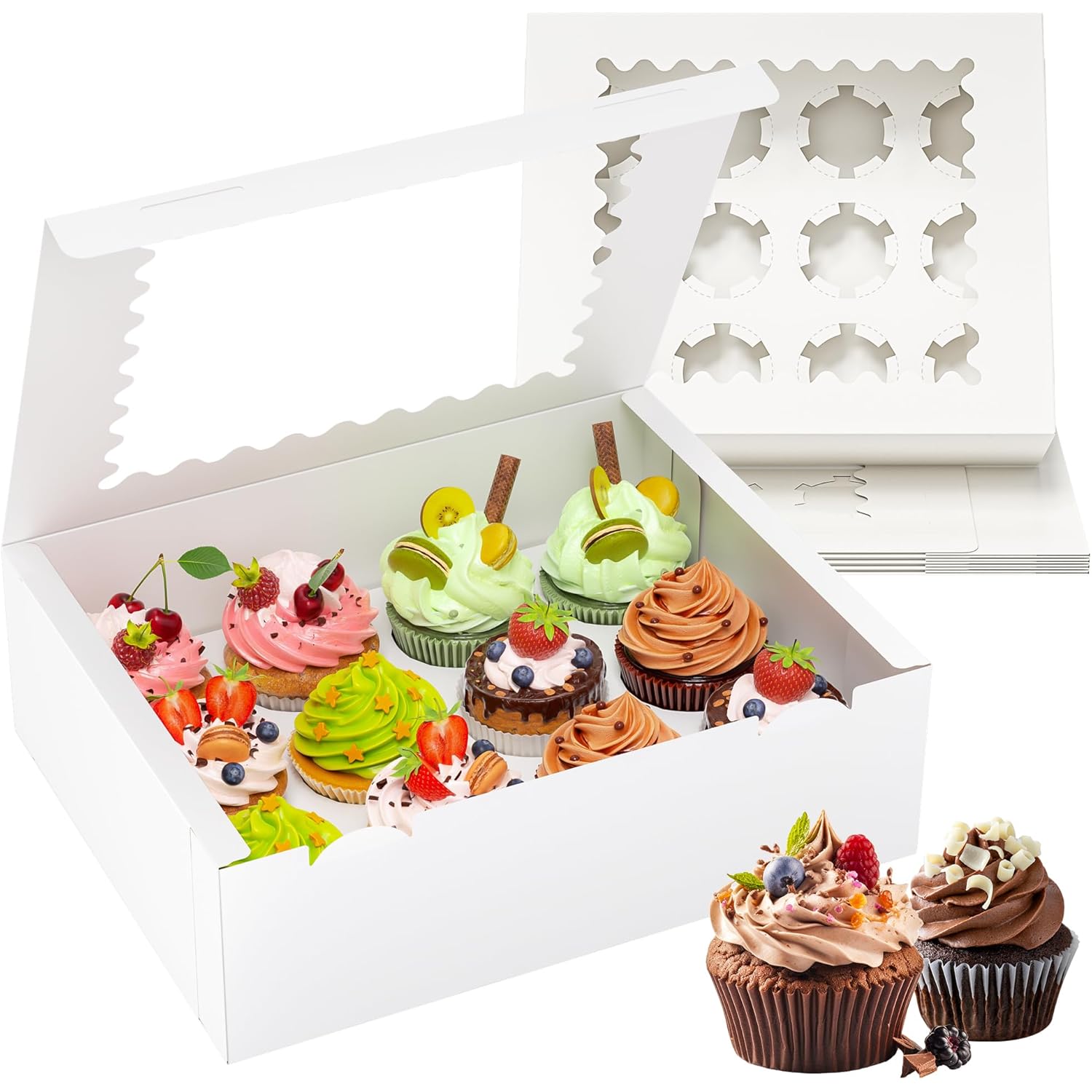 RYDDOY 4 Pack Cupcake Boxes, Hold 12 Standard Cupcakes, Cupcake Containers with Window and Inserts, High Grade Cupcake Holder, for Birthday Holiday Party, Supplies for Cupcakes, Desserts and More