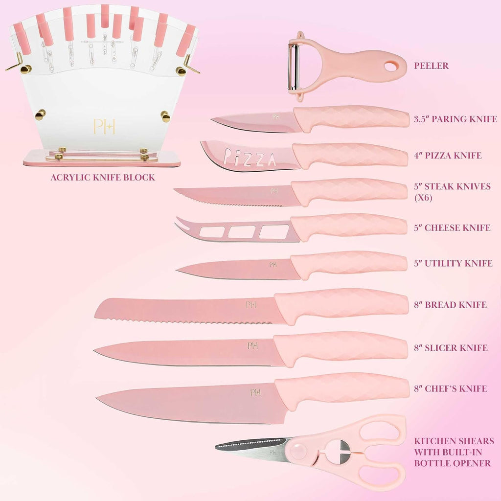 Paris Hilton Knife Block Set With Fan Style Clear Acrylic Knife Block, Premium Stainless Steel Blades With Nonstick Coating, Comfort Grip Handles, 16-Piece Set, Pink And Gold
