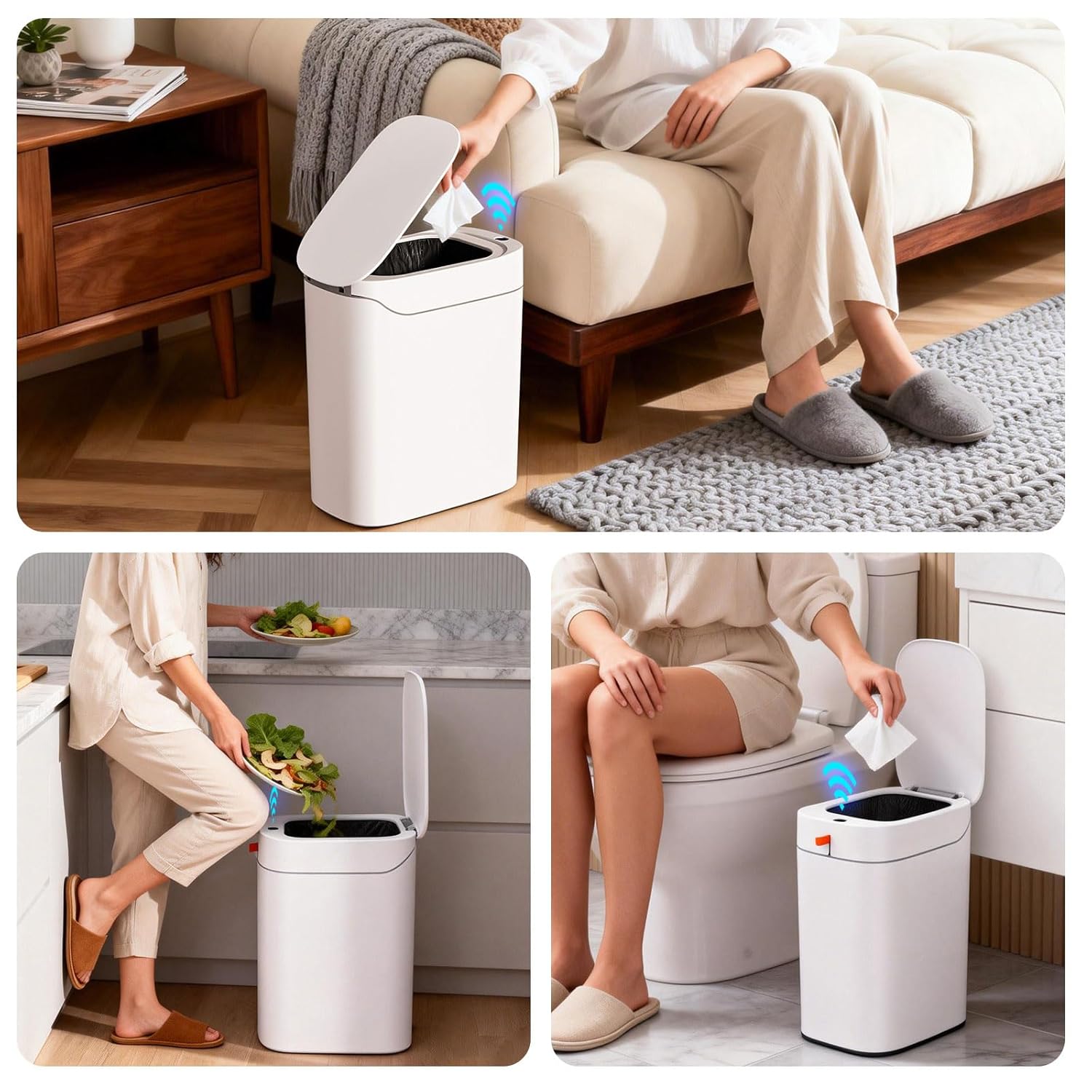 Bathroom Trash Can With Lid, Automatic Motion Sensor Trash Can, 3.5 Gallon Garbage Can, Type-C Rechargeable, Bag-Holding Design, One-Pull Auto Packing, Quiet-Close Hinge For Bedroom, Office