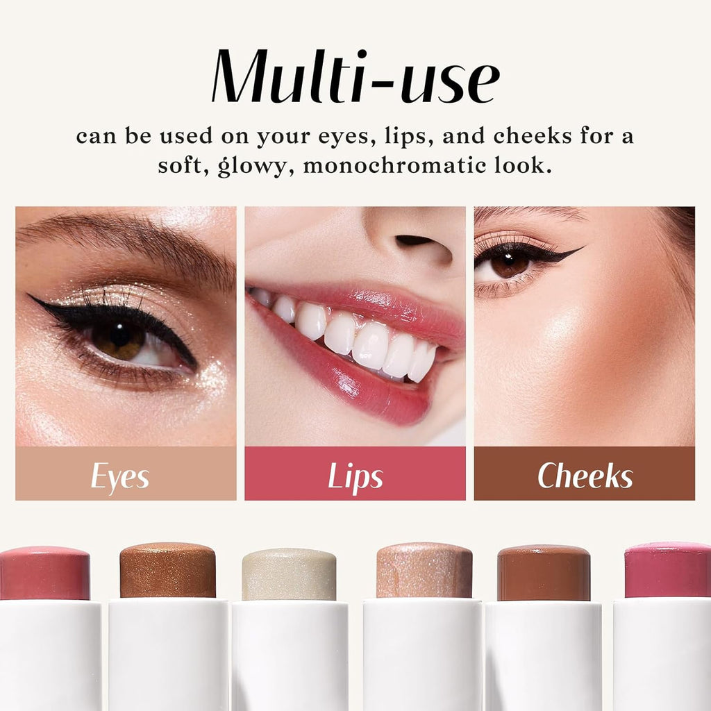 KIMUSE Face Sticks Trio, Cream Blush Stick & Highlighter Stick & Contour Stick for Sculpt the Cheeks, Long Lasting Cream Contour Stick Trio for Face Makeup, with Brush