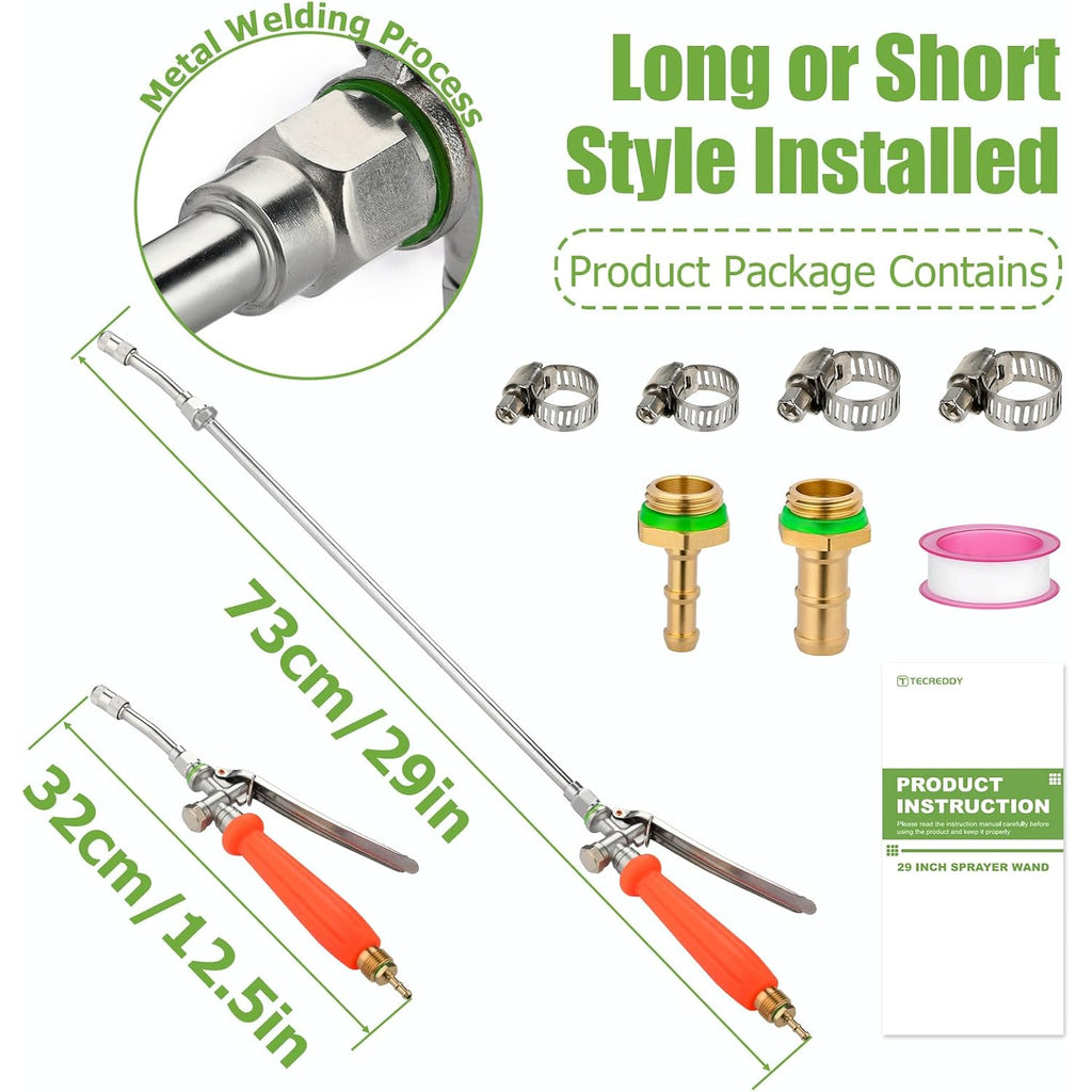 Sprayer Wand Replacement, 29 Inch All Metal Pump Spray Wand Replacement For Tank Sprayer With Stainless Steel Tubes, 1/4" 3/8" Brass Barbs Joint Parts For Weed Lawn Plants Careing Watering