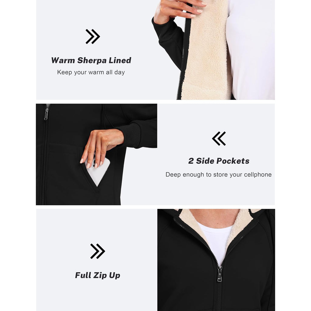 Mofiz Zip Up Hoodie Women Fleece Lined Zipper Up Hoodies Winter Coats Warm Casual Sweatshirts Jackets With Pocket