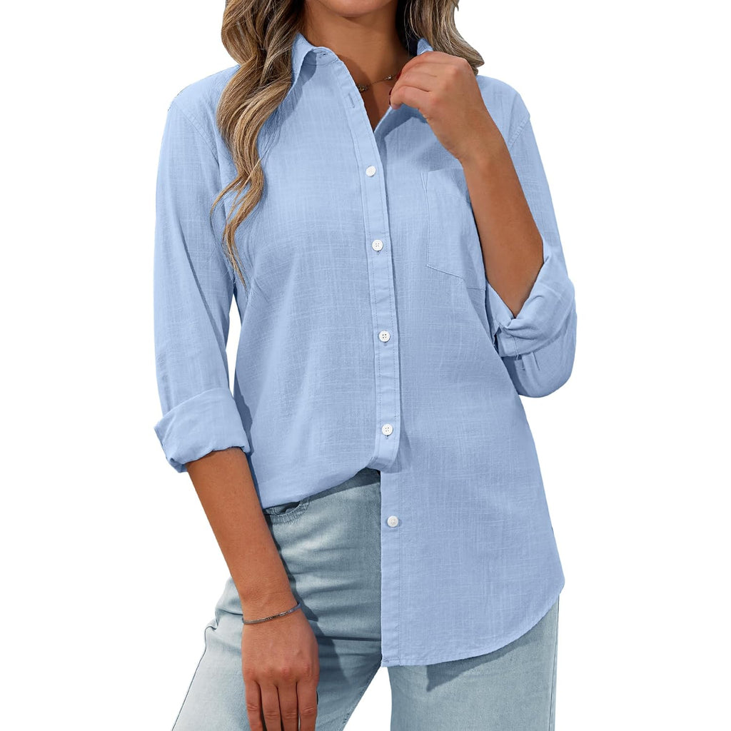 Siliteelon Womens Button Down Shirt Linen Button Up Shirts For Women Long Sleeve Summer Shirt Collared Blouse Linen Tops