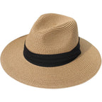 Lanzom Women Wide Brim Straw Panama Roll up Hat Fedora Beach Sun Hat UPF50+