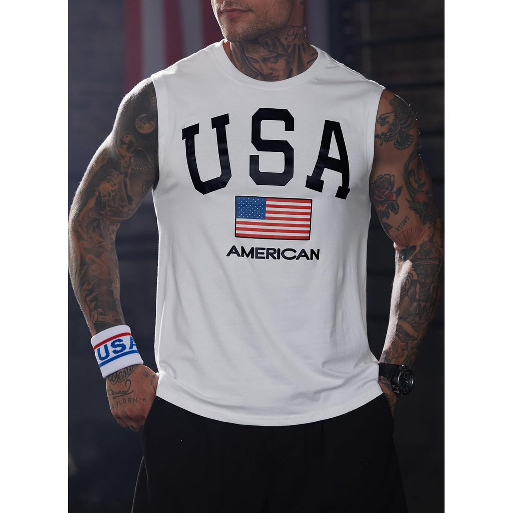 Mainfini Men American Flag Tank Top Muscle Graphic Gym Workout Usa Sleeveless Tee Shirts (S-3Xl)