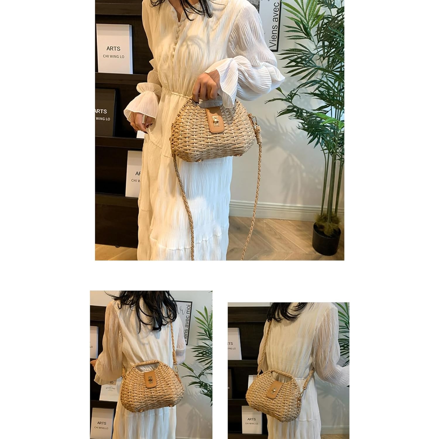 Handmade Straw Woven Bag Beach Clutch Purses Women Vacation Shell Shoulder Crossbody Summer Dumpling Handbag Basket Tote