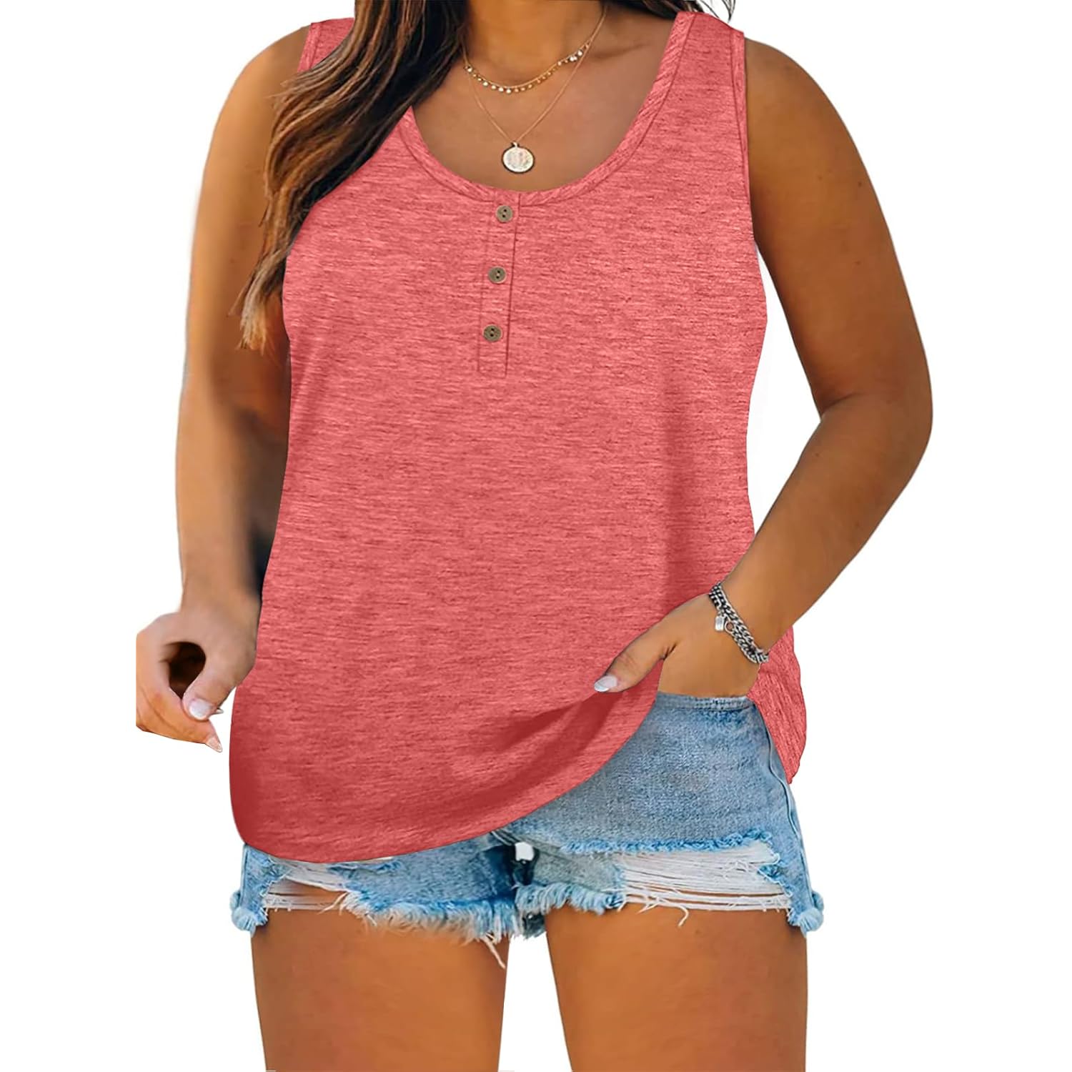 Womens Plus Size Tank Tops Summer Sleeveless Henley T-Shirts Tops Casual Button Down Tunics Shirts