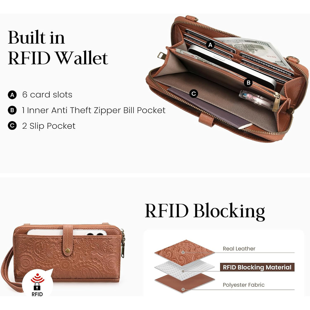Befen Leather Wristlet Wallet For Women Cell Phone Purse With Built In Wallet Vintage Leather Crossdody Bag Clutch Purse